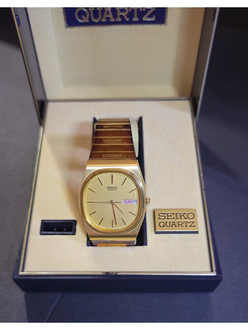 Vintage Seiko Men 6533-5029 Gold Dial Day/Date 31mm Quartz Analog Watch 7 3/4"
